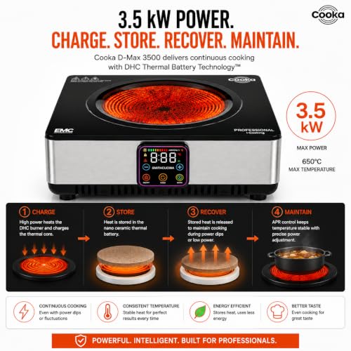 Image of Cooka D-MAX 3500 Commercial Infrared Radiant Cooktop - 3500W Heavy Duty, Patented DHC Technology, 600C Peak Heat, 24 /7 Professional Use, Fits Round & Flat Bottom Utensils