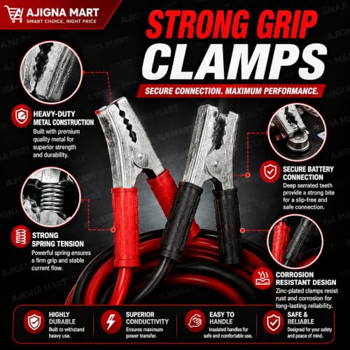 Image of AJIGNA MART 3000 AMP Heavy Duty Car Battery Booster Jumper Cable | Thick Gauge Jump Start Cables with Insulated Alligator Clamps | Emergency Battery Booster for Cars, SUVs, Vans & Trucks