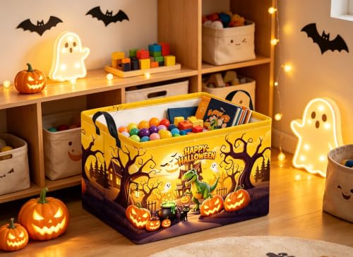 Image of Rectangular Halloween Basket for Boys and Girls Kids Trick or Treat Pumpkin Basket for Halloween Parties Cute Storage Bin Organizer Box Room Decor(Halloween Dinosaur)