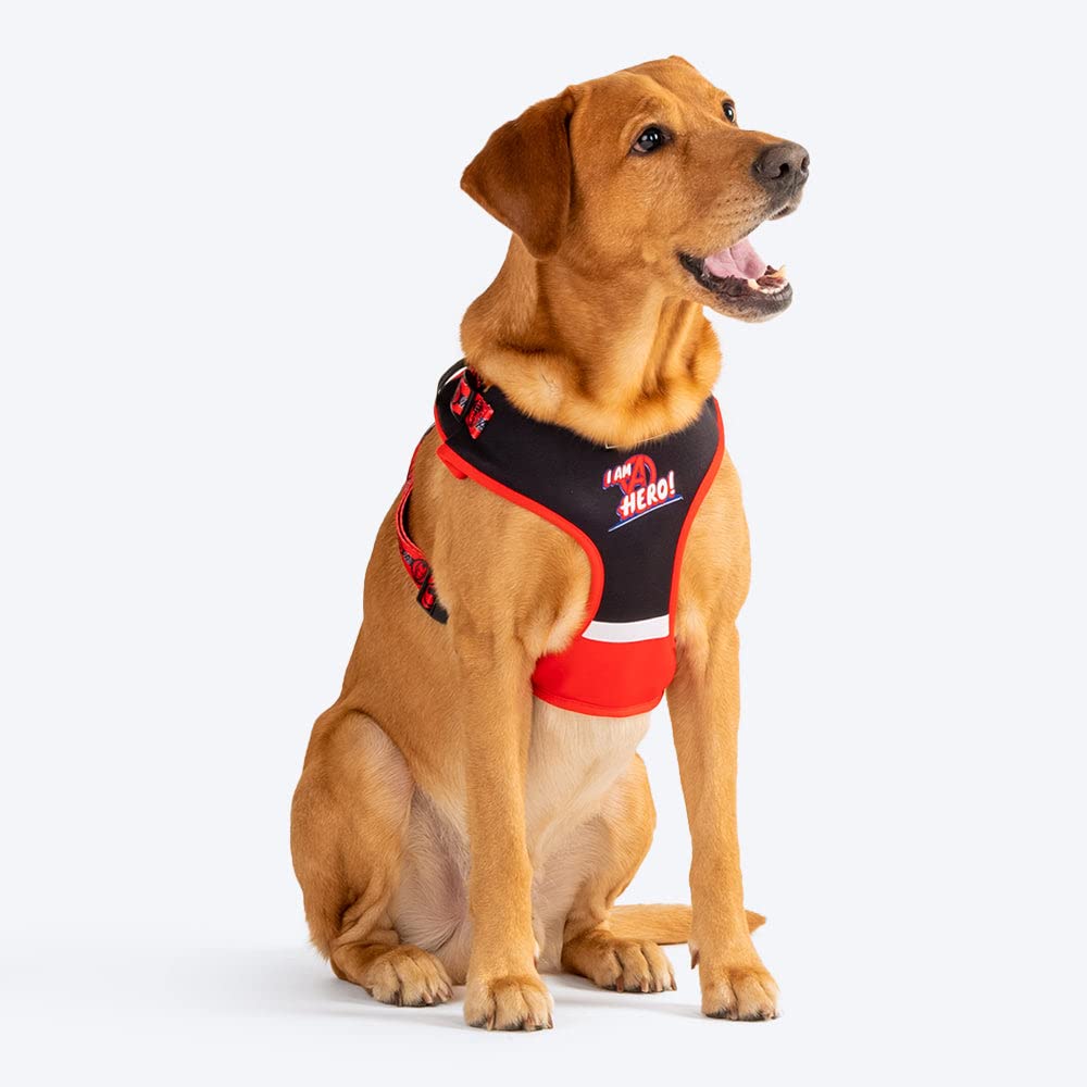 HUFT X©Marvel 2.0 Avengers Printed Reversible Dog Harness (Black and Red) Exclusive, Superhero Themed Dog Harness