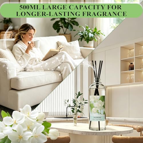 Image of SCENTORINI Reed Diffuser Oil Refill, Jasmine Diffuser Oil 16.9 Fl Oz | 6 Sticks, Scented Essential Oil Refill Long Lasting Summer Home Fragrance for Large Space Room Spa Bathroom Home Hotel Decor