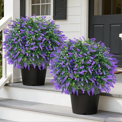 Grooy Artificial Boxwood Topiary Ball with Lavender, Set of 2 Artificial Shrub Bushes with Ground...