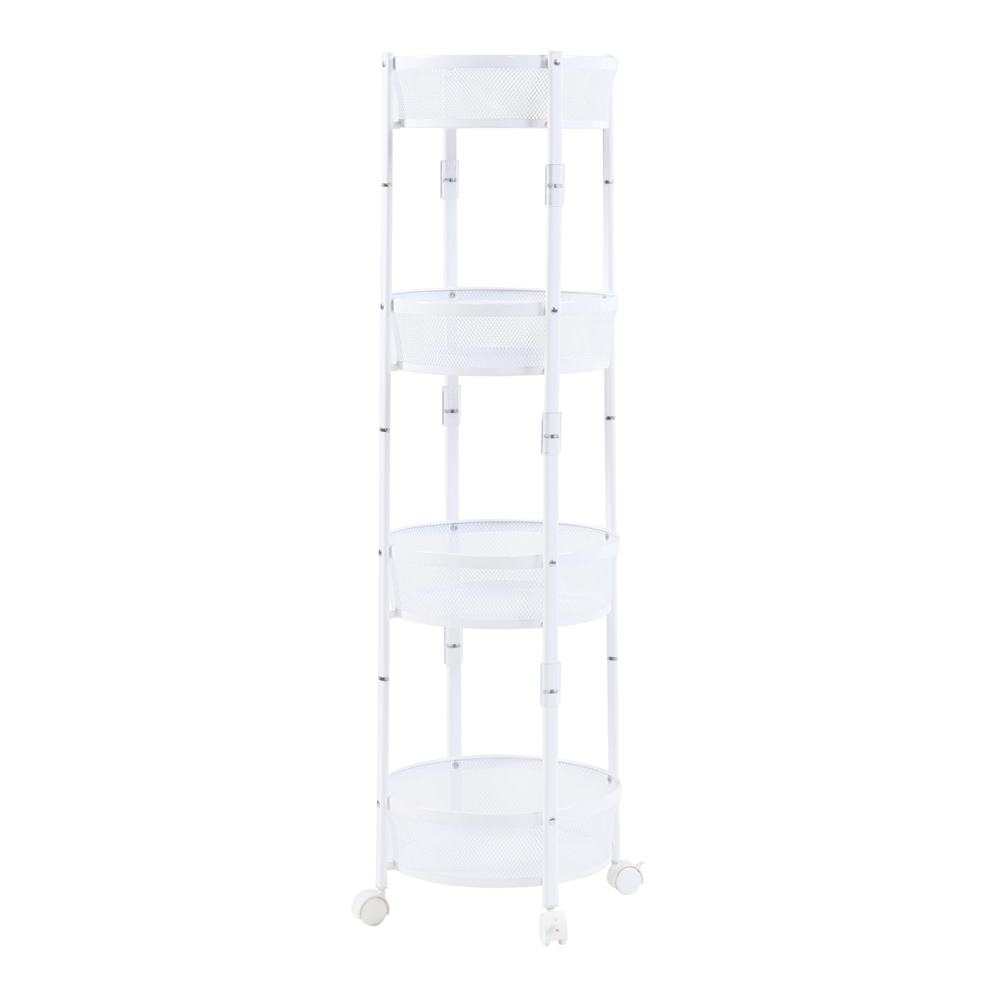 [en.casa] Carrito de Cocina Baño Oficina con 4 Cestas Redondas Plegable Verdulero Carro de Servicio con 4 Ruedas 2 con Freno Paredes Perforadas Acero 123xØ38cm - Blanco
