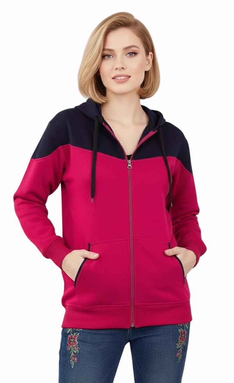 SHAARAV Women's Zip-up Hoodie Sweatshirt, Rani Pink and Navy Blue, Cotton Fleece, Colour Block, Full-Length Zipper, Regular Fit-picture-16