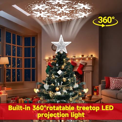 Christmas Tree Topper Star: Lighted with 6 Projected Patterns Snowflake Projector Lights-3D Hollow Glitter LED Magic Rotating Light for Christmas Tree Decorations Ornament Silver by DILENK - Used condition - Image 3