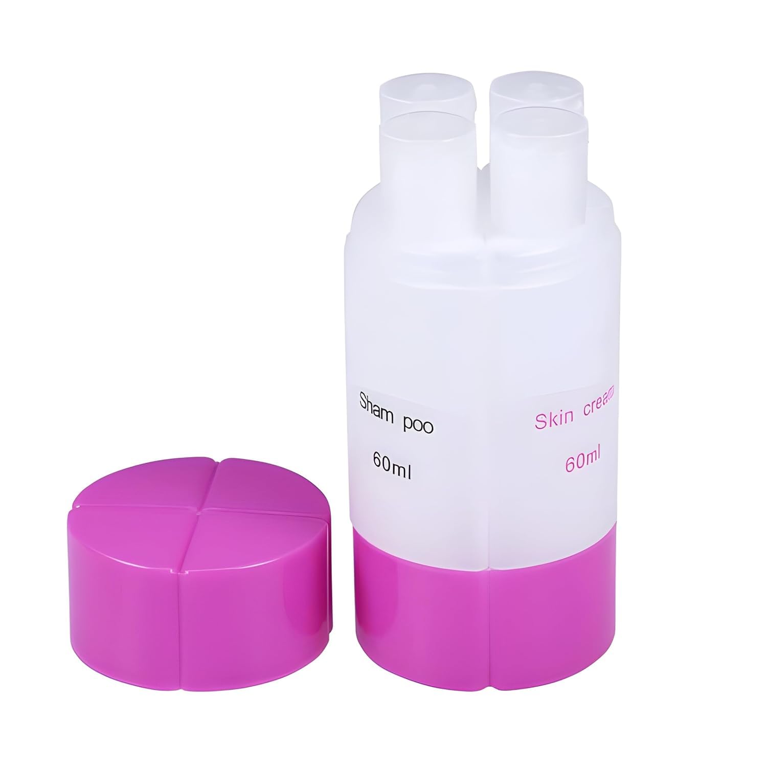 GROVENT® 60 ML Refillable Shampoo Cream Lotion Storage Plastic Container Bottle, 4 in 1, Essential Travel Accessories for Women & Men, Convenient Cosmetic Organizer (4 Compartment 60 ML, Pink)