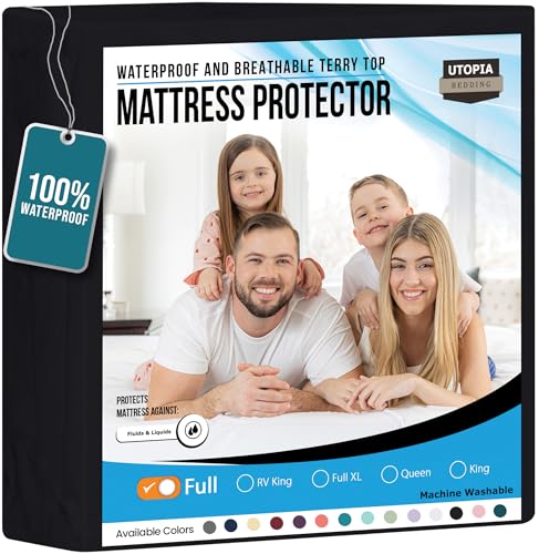 Utopia Bedding Waterproof Mattress Protector Full Size, Premium Terry Mattress Cover 200 GSM, Breathable, Fitted Style with Stretchable Pockets (Black)