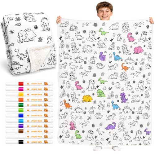 Coloring Blanket for Adults & Kids with 12 Markers, 50 x 60 Inch(Dinosaur)