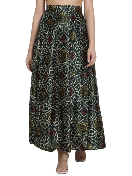Image of NEUDIS Women Bottle Green Printed Maxi Lehenga Skirt with Pocket