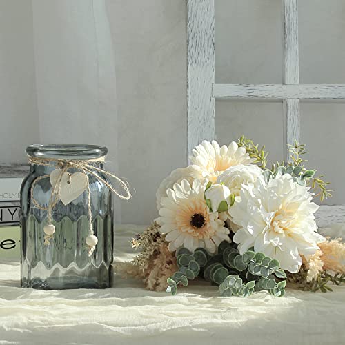 Poeuo Faux Flowers With Vase, Artificial Fake Flowers In Vase, Roses Silk Flowers With Eucalyptus Stems Arrangement For Kitchen Office Home Living Room Decorations Dining Table Centerpiece, Ivory #TOP3