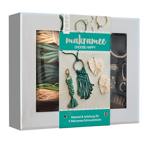 Frech Makramee-Schmuckset „Choose Happy“ (Petrol/Natur): Anleitung und Material für 5 Makramee Schmuckstücke. Mit Makramee-Drahtbürste und Knüpfboard.