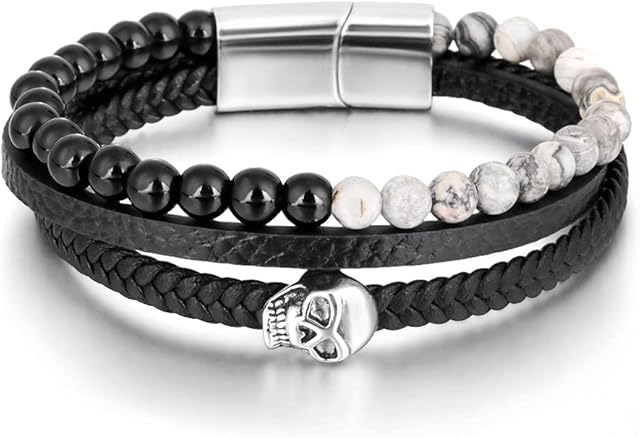 Men's Multilayer Leather Natural Stone Beaded Bangle Stainless Steel Magnetic Clasp Jewellery Punk Skull Braided Bracelet