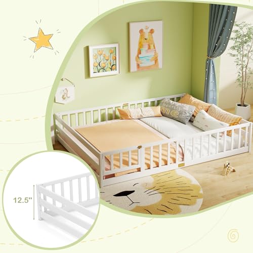 KOMFOTT Queen Size Wood Floor Bed with Door & Fence, Montessori Bed Frame with Full Length Safety Guardrails, Door & Latch, Wooden Montessori Floor Bed for Kids, Girls, Boys (Queen,White) - Image 8