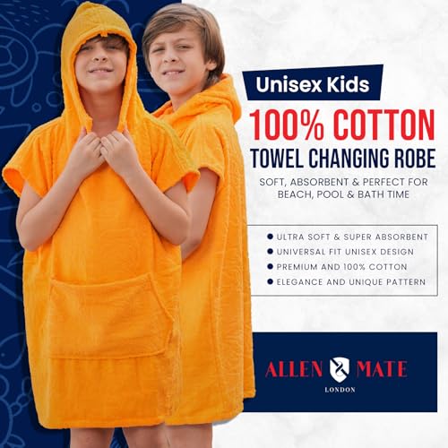 Image of ALLEN & MATE 100% Cotton Kids Hooded Surf Poncho Changing Robe, Quick Absorbent Wearable Swim Towel Boys & Girls, 6-13 Years