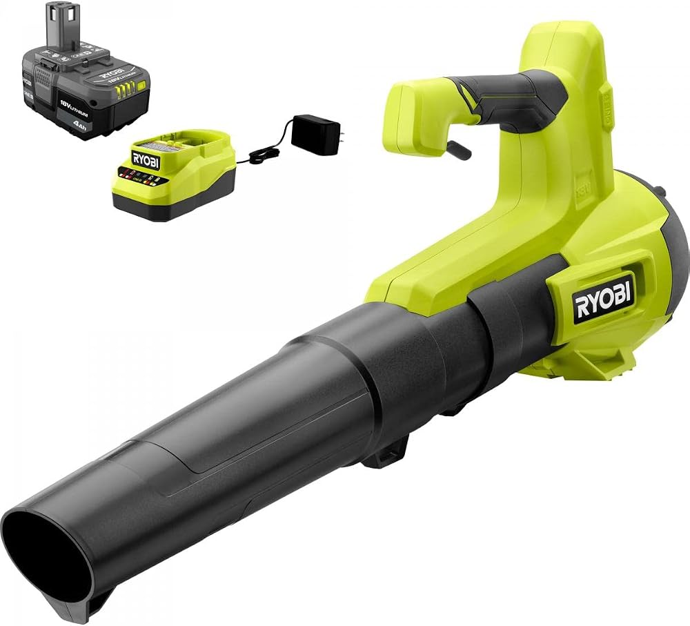 RYOBI ONE+ 18V 100 MPH 325 CFM Cordless Battery Variable Speed Jet Fan Leaf Blower with 4.0 Ah Battery and Charger, GREEN