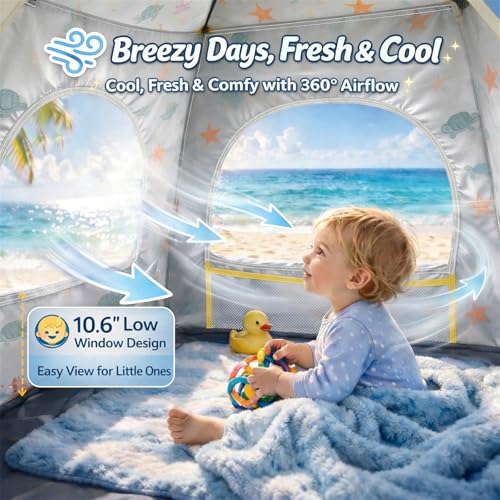 Image of Baby Beach Tent Pop Up Sun Shelter with UPF 50+ UV Protection, Silver-Coated Interior, Breathable Mesh Ventilation, Easy Setup, Wind-Stable Beach Shade for Infants & Toddlers