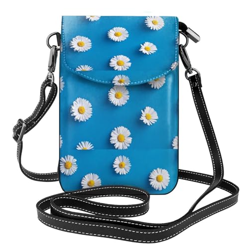 Petits sacs bandoulière marguerite blanche pour femmes et porte-téléphones en cuir PU avec cartes