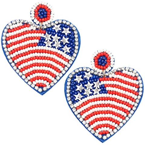 4th of July Earrings, Handmade Beaded Patriotic Earrings for Women, Heart American Flag Dangle Drop Earrings Independence Day Patriotic Earrings Holiday Gifts Cover
