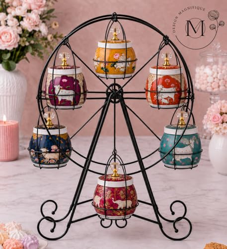 Image of Pichwai kamdhenu Cow Print Metal Jars ferris wheels for Dry Fruits as Festive Diwali Gift, Wedding Return Gift, baby shower, Housewarming Hamper Container and Table Decor