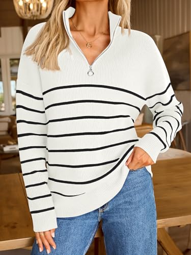 LILLUSORY Women's Quarter Zip Striped Oversized Sweater 2026 Mock Turtleneck Fall Fashion Outfit - Image 3