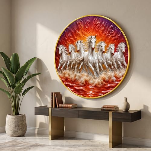 Image of SAF 7 Horse Vastu Round Wall Painting with Premium PVC Golden Frame, White Running Horses Fire Ocean Art for Living Room Office Home Decor Gift (23 x 23 Inch) GR-440