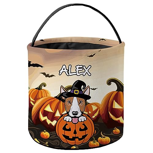 KafePross Personalized Halloween Trick or Treat Bag Smiling Brown Bull Terrier Dog Halloween Ghost Pumpkin Decor Basket Candy Gifts Bucket for Kids 9 x 9.8 Inch