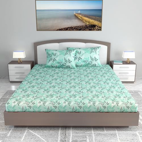 Image of Divine Casa 144 TC 100% Cotton Floral Print Elastic Fitted Bedsheets Double Bed | Ultrasoft Queen Size Elastic Fitted Bedsheets - 78 x 72 inches