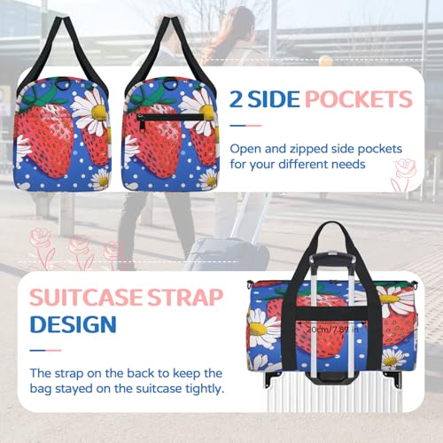 Cute Strawberry and Flower Travel Duffel Bag for Women and Men, Sport Tote Gym Bag Carry on Weekender Overnight Bags4