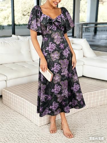 Image of Fashionme Womens Dresses 2026 Maxi Dresses Deep V Neck Elegant Bow Tie Front Cap Sleeve Summer Floral Satin Smocked Dress