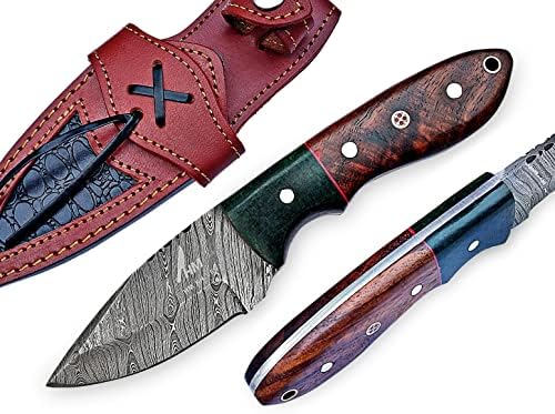 H.M Knives Handmade Damascus Steel Knife - Fixed blade Bush craft Hunting Knife, Survival & Camping Knives, with Rose Wood Handle Real leather Sheath, (HM1)