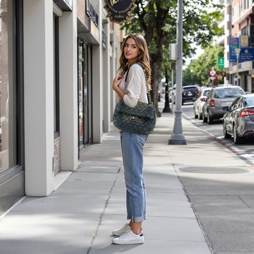 Image of M-ioi-M Small Quilted Denim Purse, Shoulder Bag for Women, Crossbody Flap Tote, Double Silver Chain Strap Trendy Hobo, Vintage Retro Washed Jean Handbag, Casual Everyday (Vintage Blue, Small)