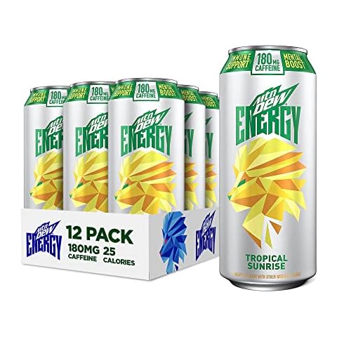 MTN DEW ENERGY, Tropical Sunrise, 16oz Cans (12 Pack), 0g added sugar, 5% juice, Zinc to help support immune function, Citicoline and caffeine for mental boost*, Antioxidants Vitamins A&C Cover