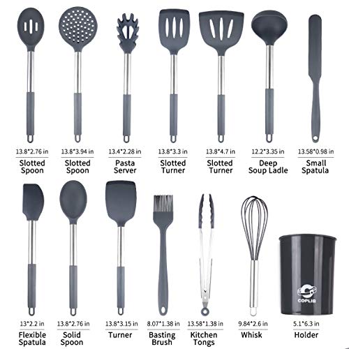 Silicone Cooking Utensils Set, COPLIB Kitchen Utensils|35 Pcs Cooking Utensils Set with holder, Non-stick &Heat-Resistant Cookware with Stainless Steel Handle - Gray - Thumbnail 7