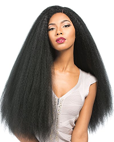 FeiBin Synthetic Hair Lace Front Wig Yaki kinky Straight Hair Wigs For Black Women 200% Density Black Color 24 inch