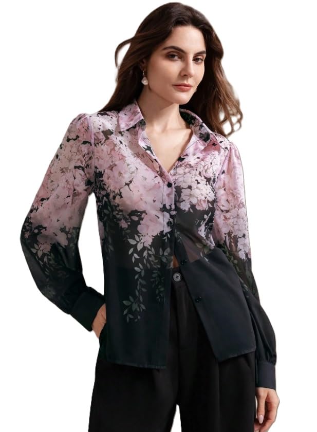 Women Shirt || Women Top ||Autumn Leaves Print Polo Collar Shirt, Casual Long Sleeve (S-22-25)