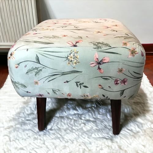 Image of The Artage Puffy Stool for Living Room Sitting Printed Premium Foam Cushioned Pouffe Ottoman for Foot Rest Stool for Home Decor Furniture with 4 Wooden Legs (Floral) (Floral Green)
