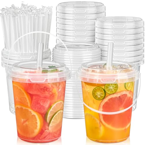 TUZAZO 30 Pack 34 oz Drink Buckets with Lids and Straws Clear Plastic Bucket Cups with Handles for Lemonade Smoothies Iced Coffee Cups Summer Beach Pool Party Supplies