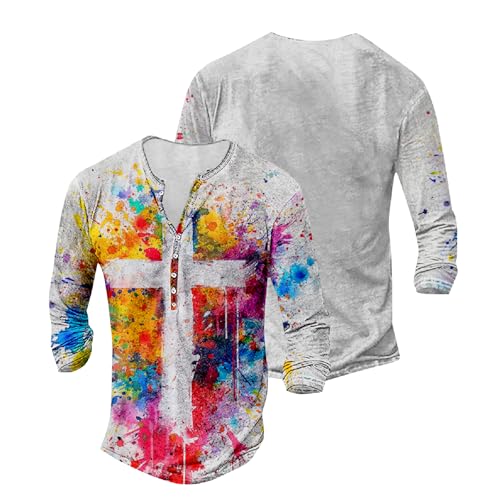 Mens Henley Shirts Graphic V Neck Long Sleeve Pullover Shirts 8Pcs Buttons Up Vintage Hippie Streetwear Tees Top3