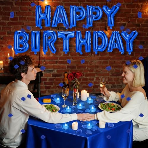 Image of Blue Happy Birthday Balloons Decorations Happy Birthday Letter Balloons Banner Set with 24pcs Heart Flameless LED Candles and 2000pcs Artificial Rose Petals for Women Men Room Party Decor