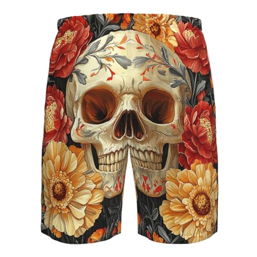 Men's Beach Shorts Board Casual Quick Dry Swim Trunks Holiday - Gothic Skull Flowers Retro Art4