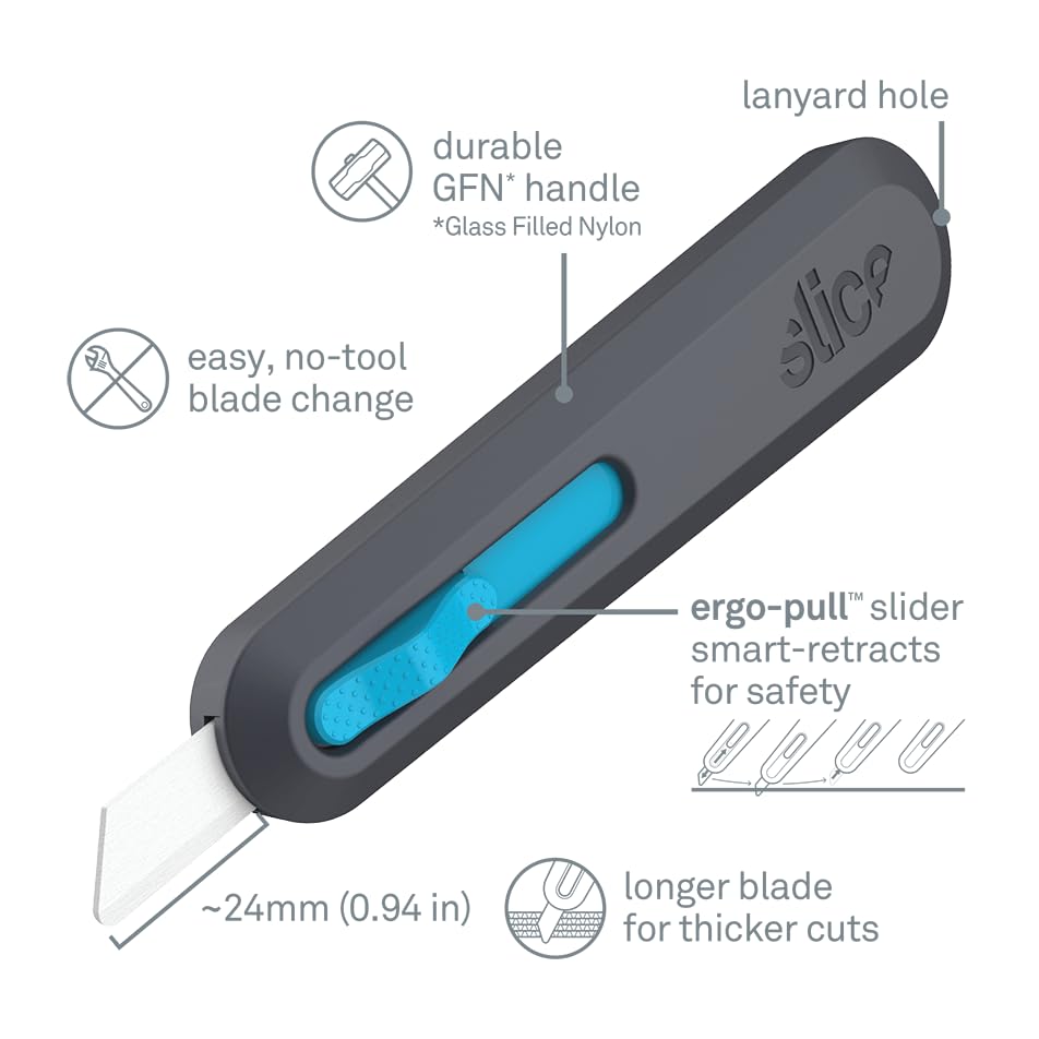 Image of Slice Smart-Retract Utility Knife | Blade Automatically Retracts as Cutting Motion Finishes | Heavy Duty Box Cutter | Safe Ceramic Blade Lasting 11x Longer than Metal | 1 Pack
