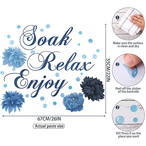 Xuniea Blue Bathroom Wall Decals Soak Enjoy Relax Wall Decor Stickers DIY Bedroom Bathroom Kitchen Living Room Decorations Waterproof Flower Sign Sticker