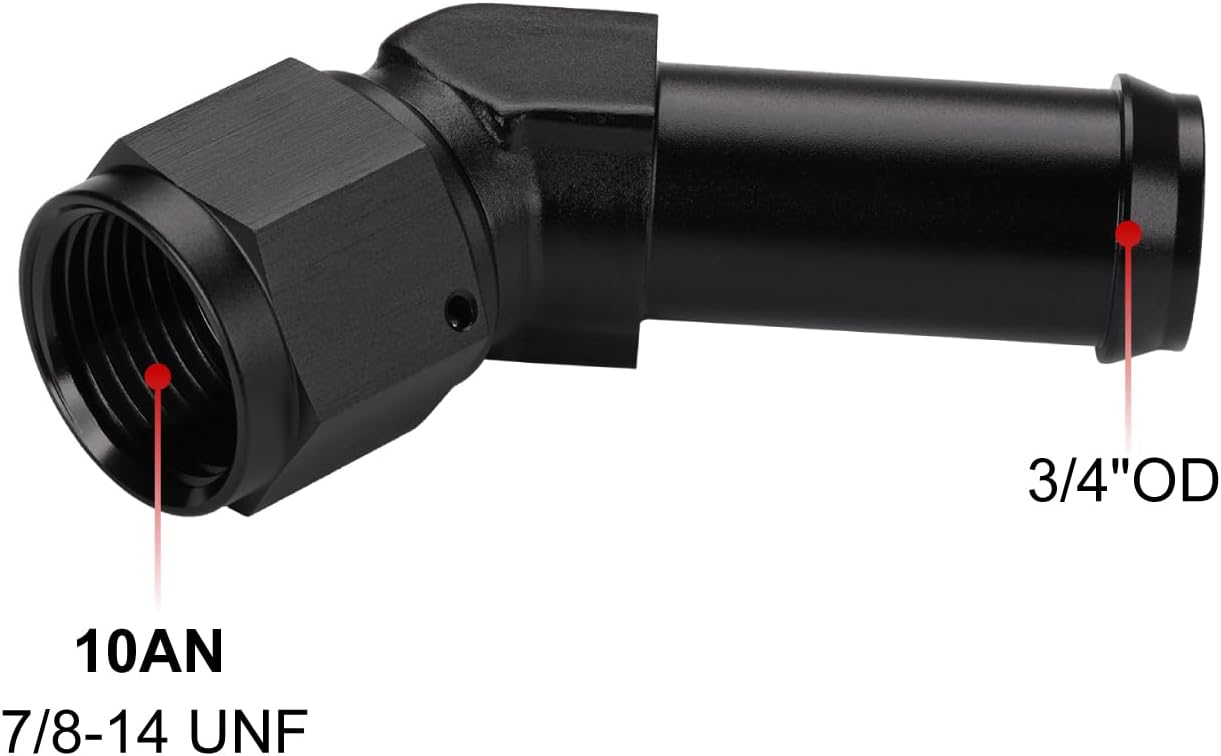 10AN Female to 3/4 Barb 45 Degree Hose Fitting Adapter Swivel Aluminum Black 2PCS