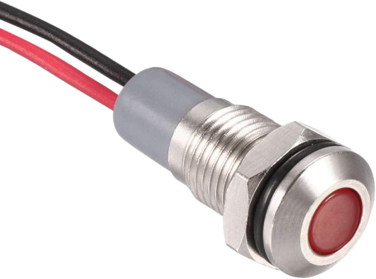 Red LED Indicator Light 8mm Panel Mount, 12V-24V Waterproof Lamp