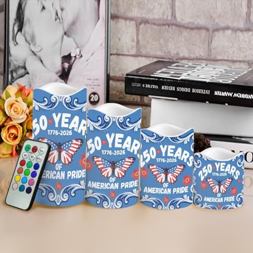 Image of 1776-2026 LED Candles 250th Anniversary Butterfly Pattern Battery Operated Flickering with Timer 4th of July American Pride Decor for Independence Day Living Room, 4 Pack