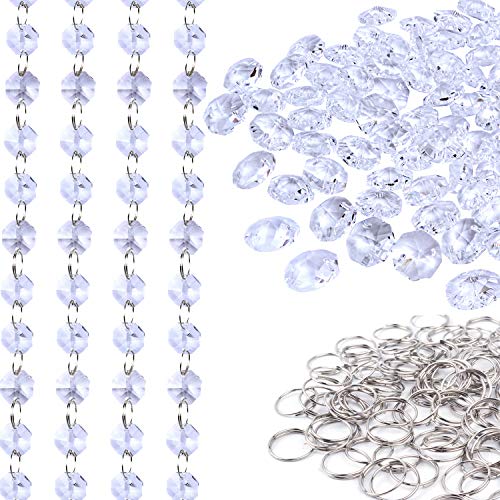 BronaGrand 100Pcs 14mm Clear Crystal Octagon Beads with 100Pcs Stainless Curtain Rings Jump Rings Key Rings for Chandelier Prisms Curtain Parts Jewelry Making