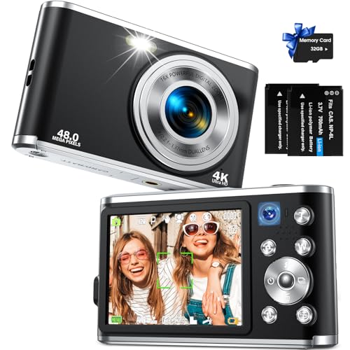 Digital Camera, AutoFocus 4K Vlogging Camera with Dual Camera 48MP 16X Digital Zoom Kids Compact Camera with 32GB Memory Card Portable Point and Shoot Cameras for Teens Beginner