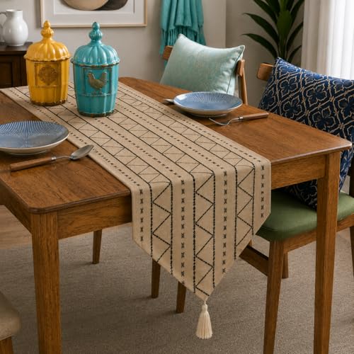 Image of STITCHNEST 'Nomad Weave Collection' Jacquard Table Runner 13x60 Inches| Tassel Finish | Modern Dining Table Decor