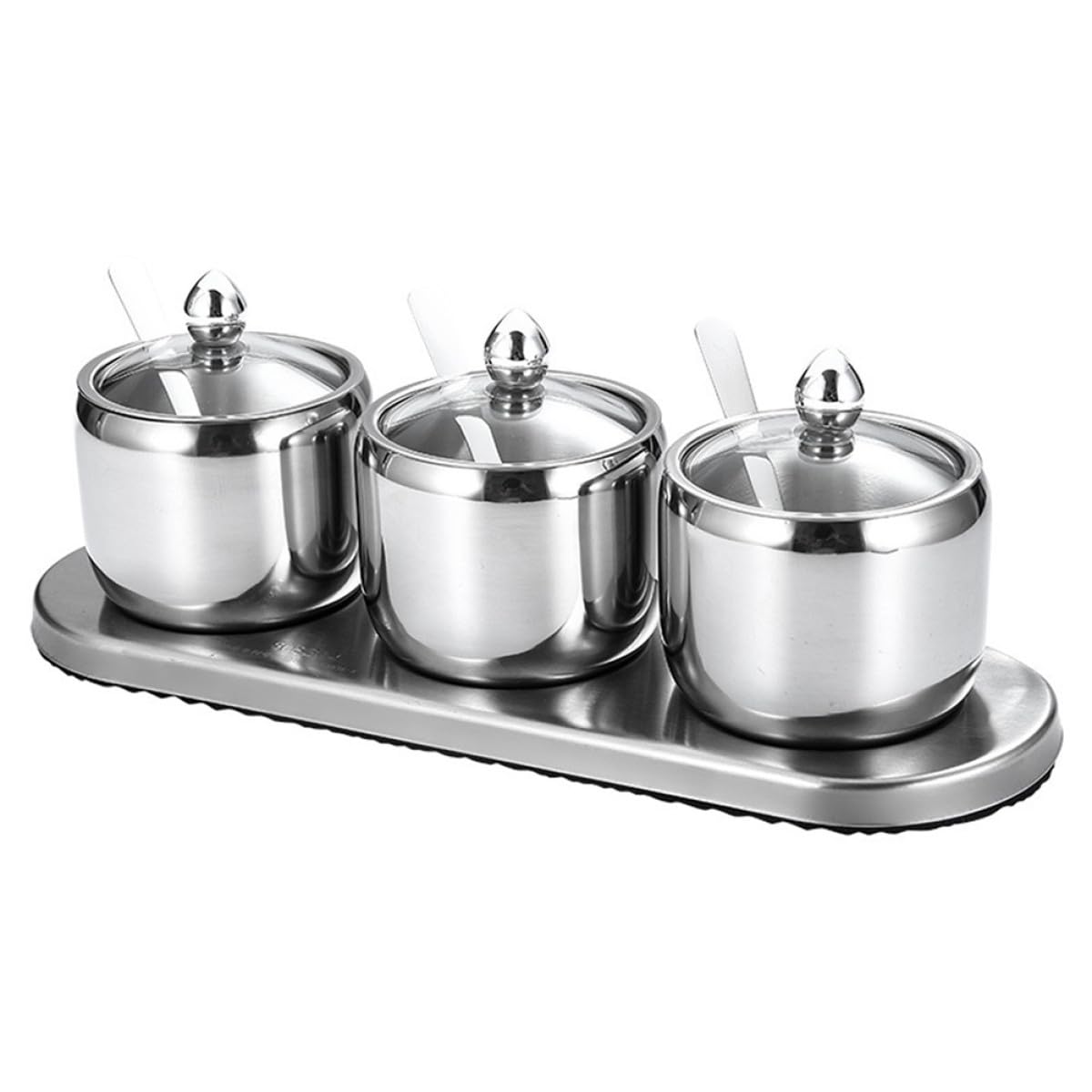 VICASKY Barattolo Condimenti in Acciaio Inox con Base, Set 3 Pezzi Argento | Vetro Alimentare, Stile Moderno, per Buffet e Casa, Accessorio da Stoccaggio Multiuso