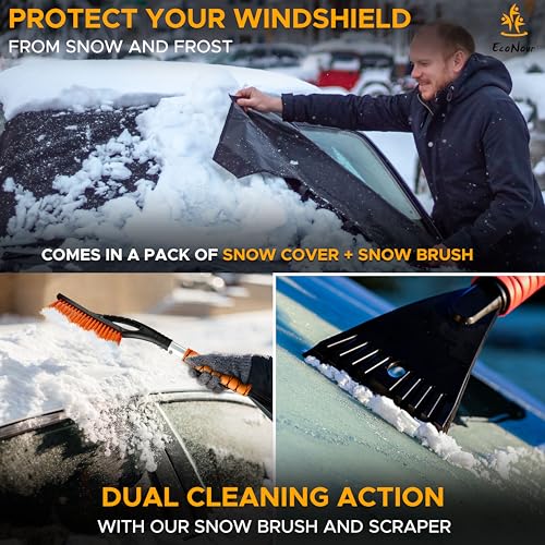 Image of EcoNour Truck Windshield Cover for Ice and Snow (74 inchx43 inch) | Snow Brush and Ice Scrapers for Car (1 Pack) with Scratch Free Bristle Head | Winter Car Kit for Pickup Trucks, Fullsize SUVs